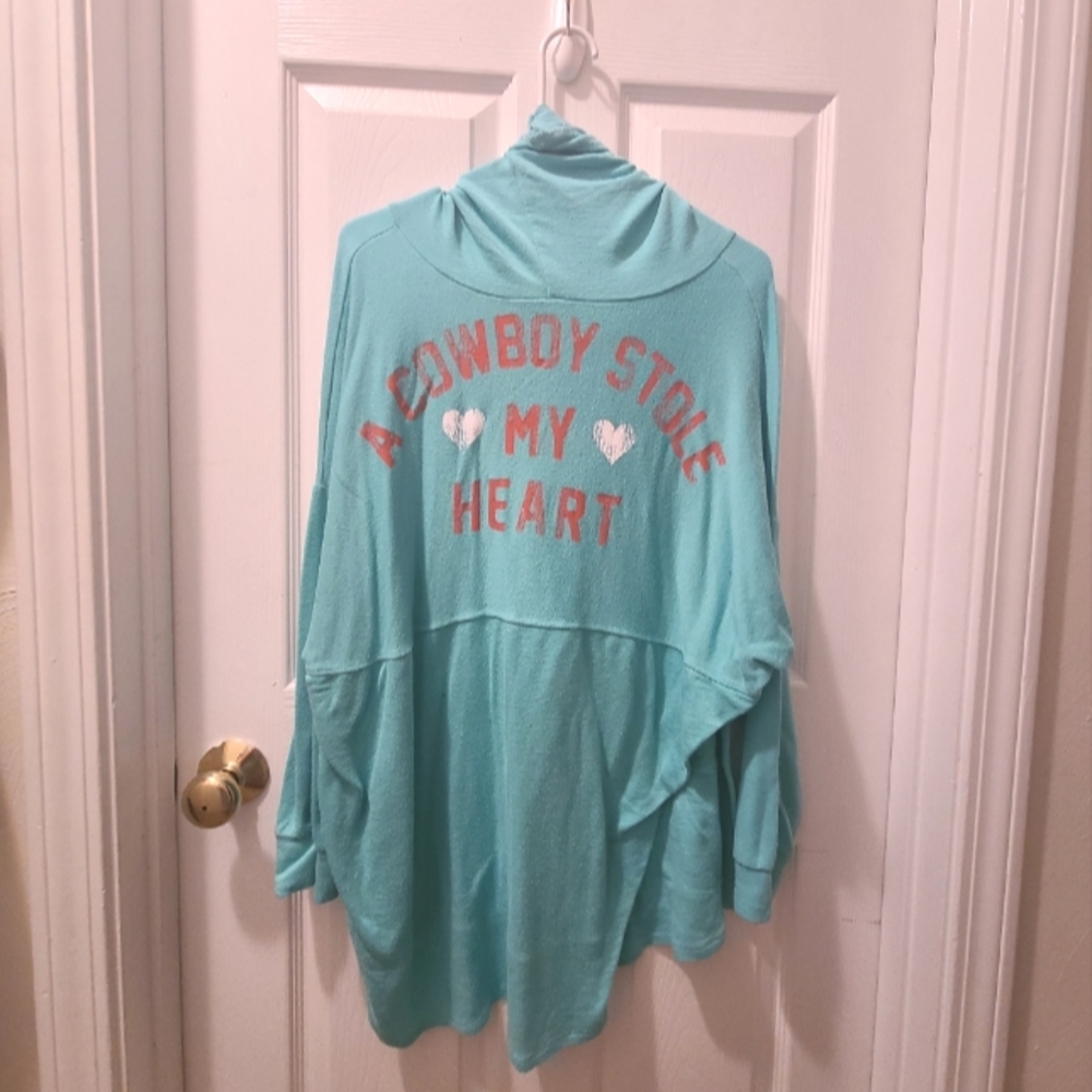 Turquoise colored cowl neck long sleeve shirt - size 2X